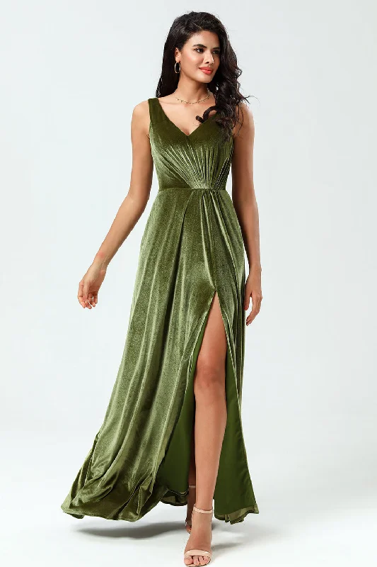 Vintage Dresses for Nostalgia -V-Neck Sleeveless A Line Olive Velvet Bridesmaid Dress with Slit